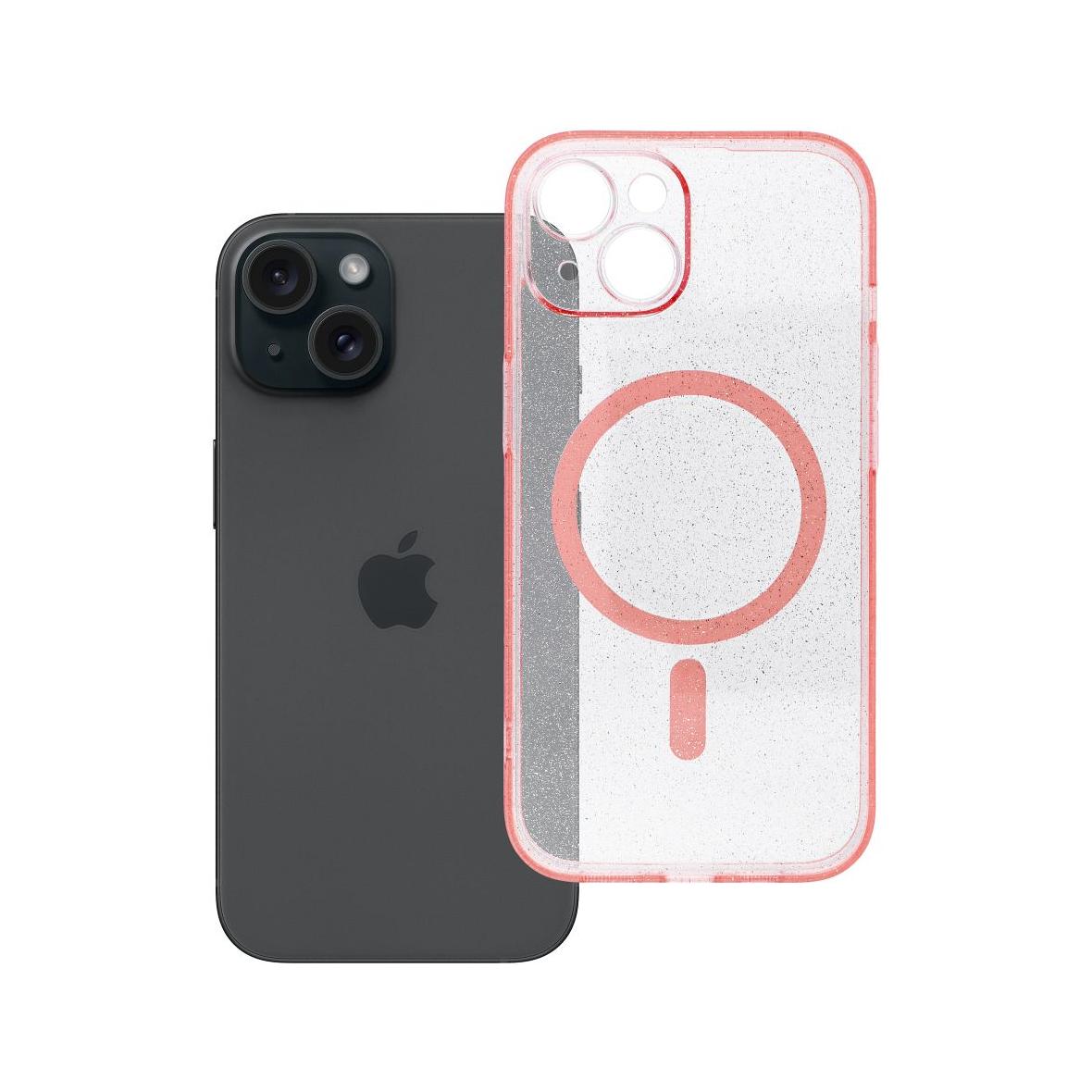 Futerał do iPhone 15 Clear Mag Cover (STR / CAMERA PROTECTION) zgodny z MagSafe  różowy glitter