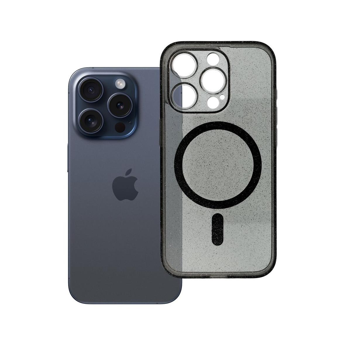 Futerał do iPhone 15 PRO Clear Mag Cover (STR / CAMERA PROTECTION) zgodny z MagSafe  czarny glitter
