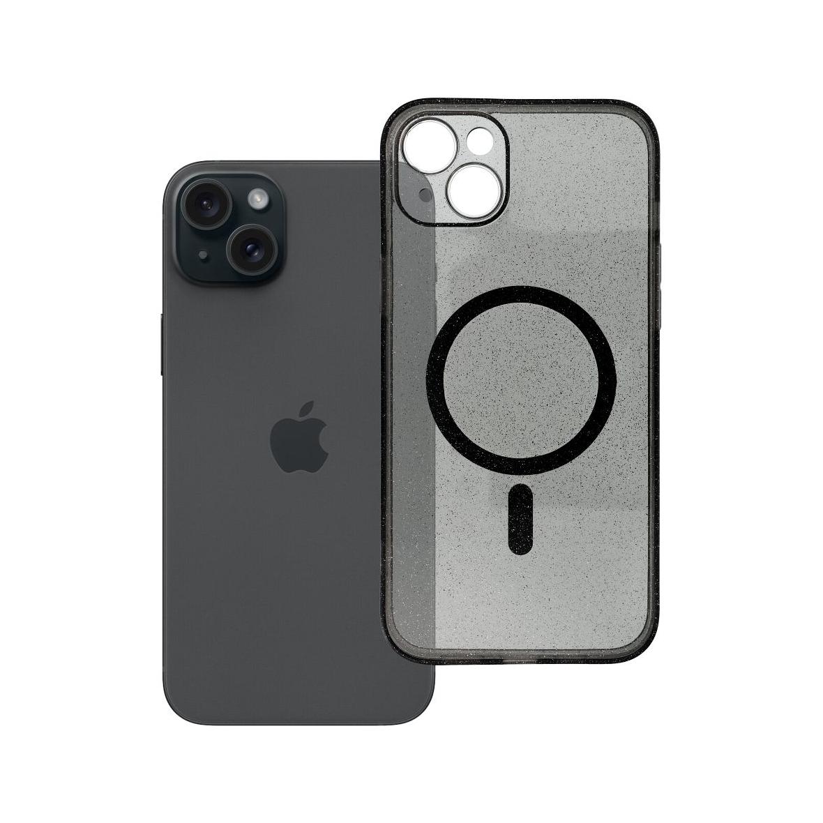 Futerał do iPhone 15 PLUS Clear Mag Cover (STR / CAMERA PROTECTION) zgodny z MagSafe  czarny glitter