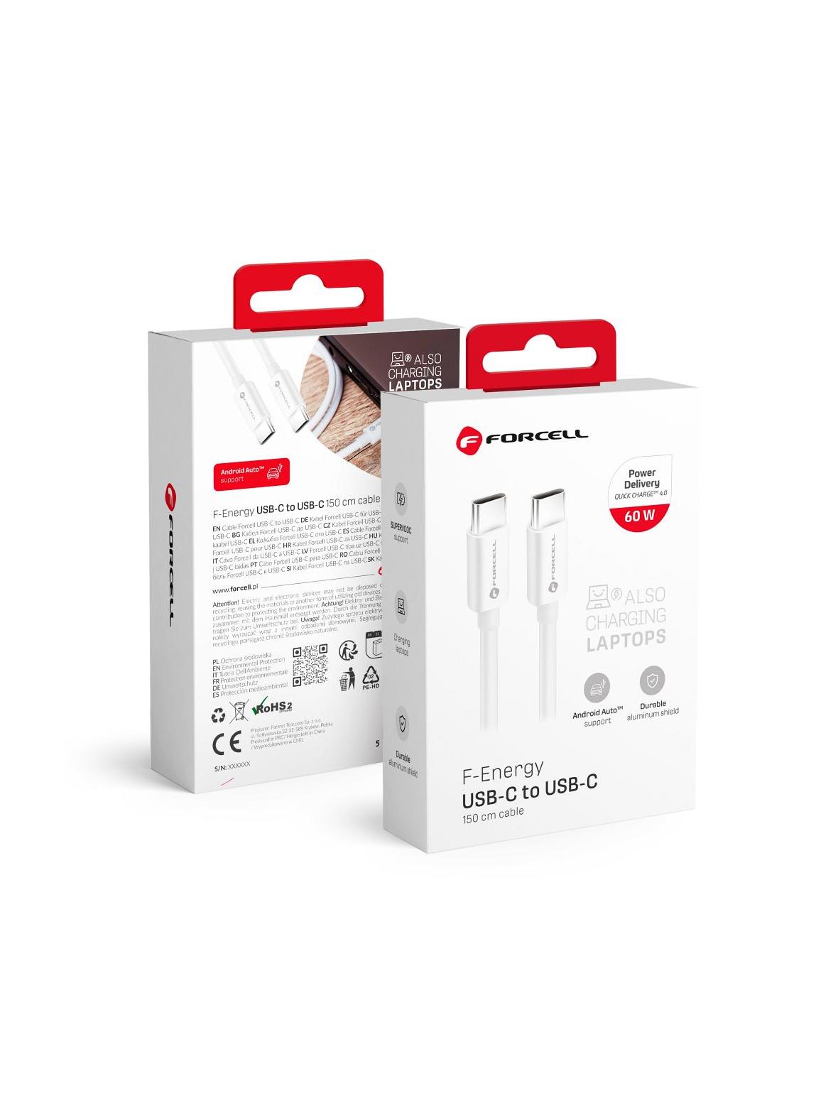 Kabel USB C do USB C Forcell F-Energy QC4.0 PD 3A 60W 1,5 m C338 biały