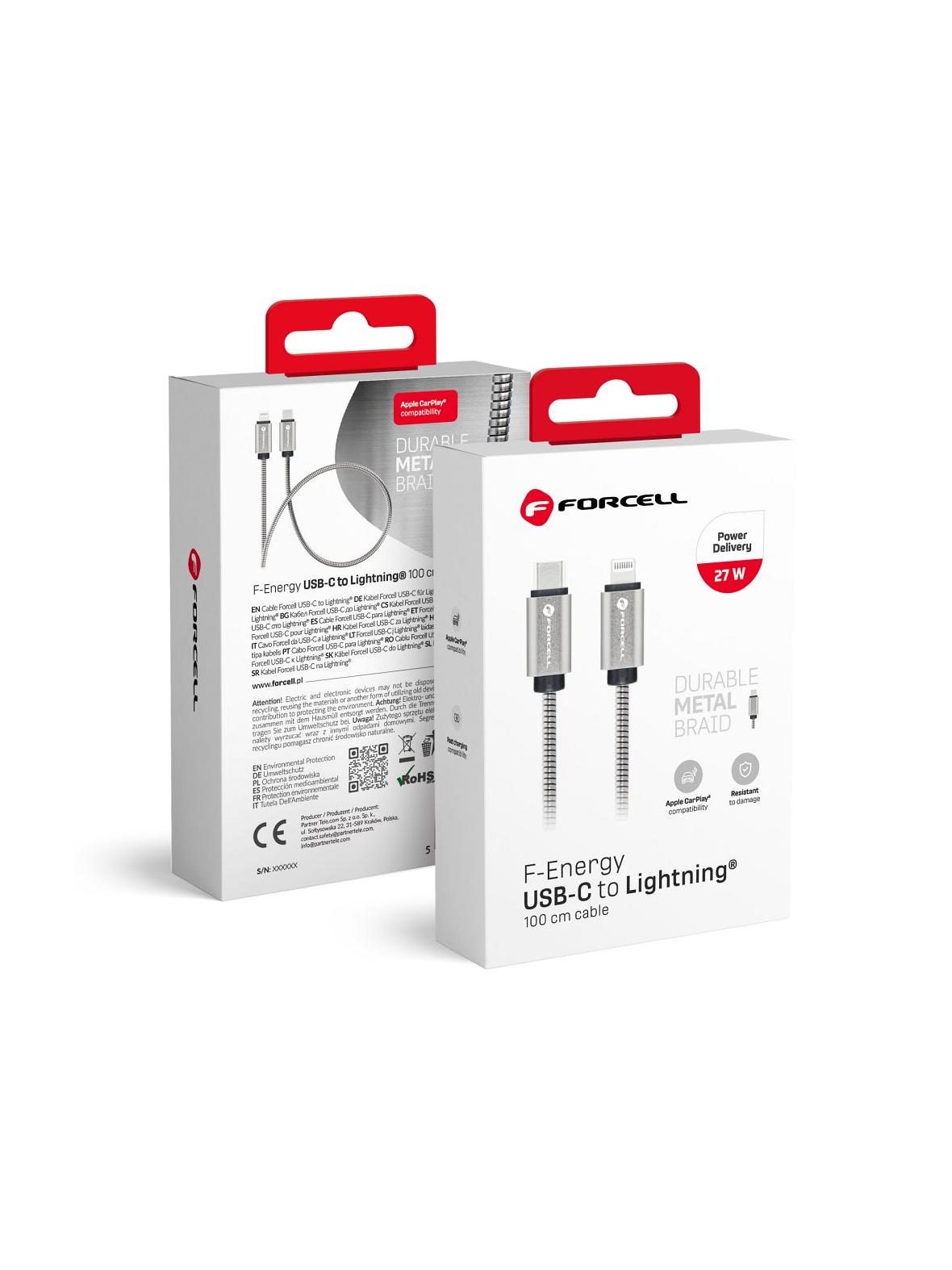 Kabel USB C do Lightning Forcell F-Energy PD 3A 27W Metal 1 m C238 srebrny