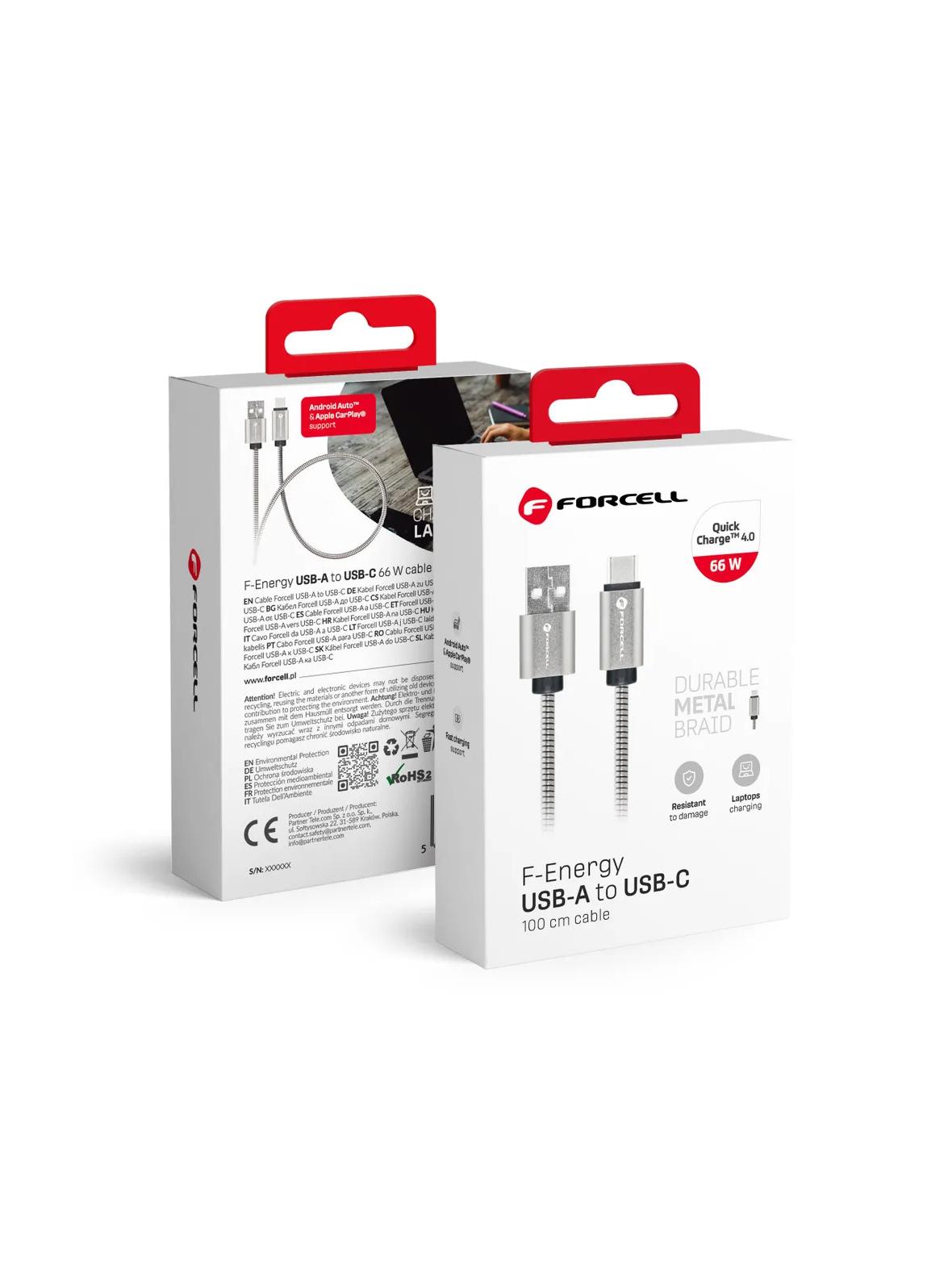Kabel USB A do USB C Forcell F-Energy QC4.0 3A 66W Metal 1 m C234 srebrny