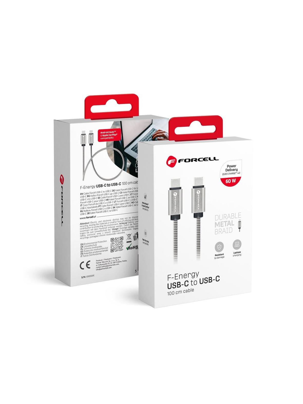 Kabel USB C do USB C Forcell F-Energy QC4.0 PD 3A 60W Metal 1 m C237 srebrny