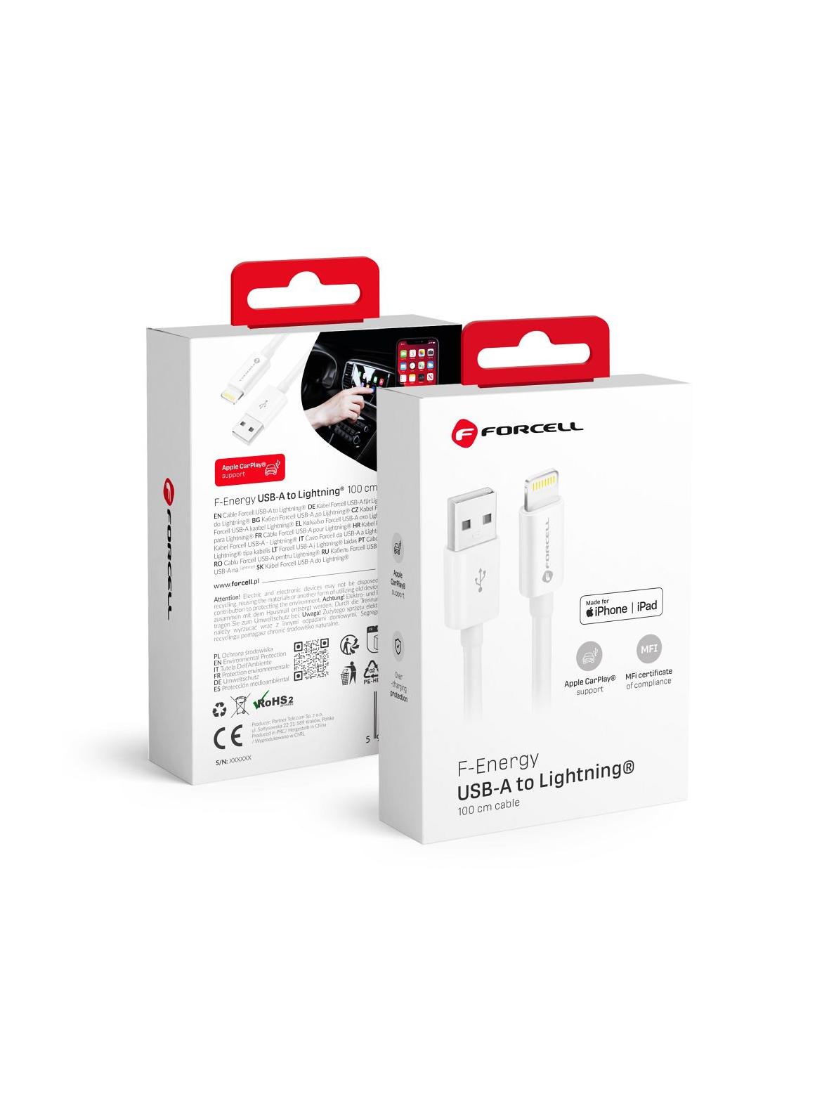 Kabel USB A do Lightning Forcell F-Energy MFi 2,4A 12W 1 m C703 biały