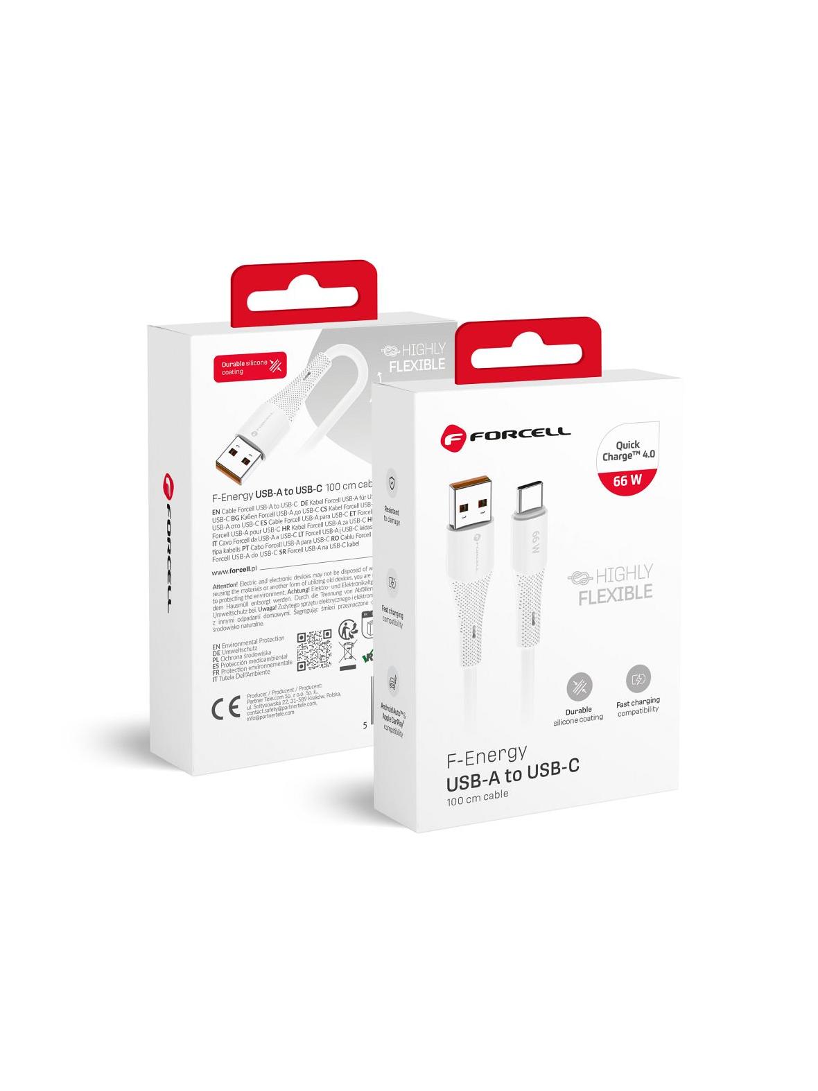 Kabel USB A do USB C Forcell F-Energy QC4.0 3A 66W Silicone 1 m C342 biały