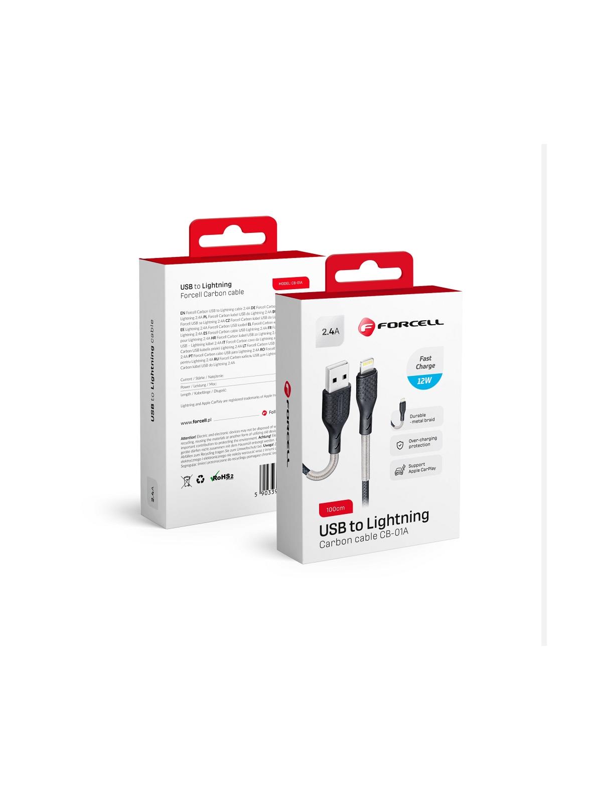 Kabel USB A do Lightning Forcell F-Energy 2,4A 12W Carbon 1 m CB-01A czarny