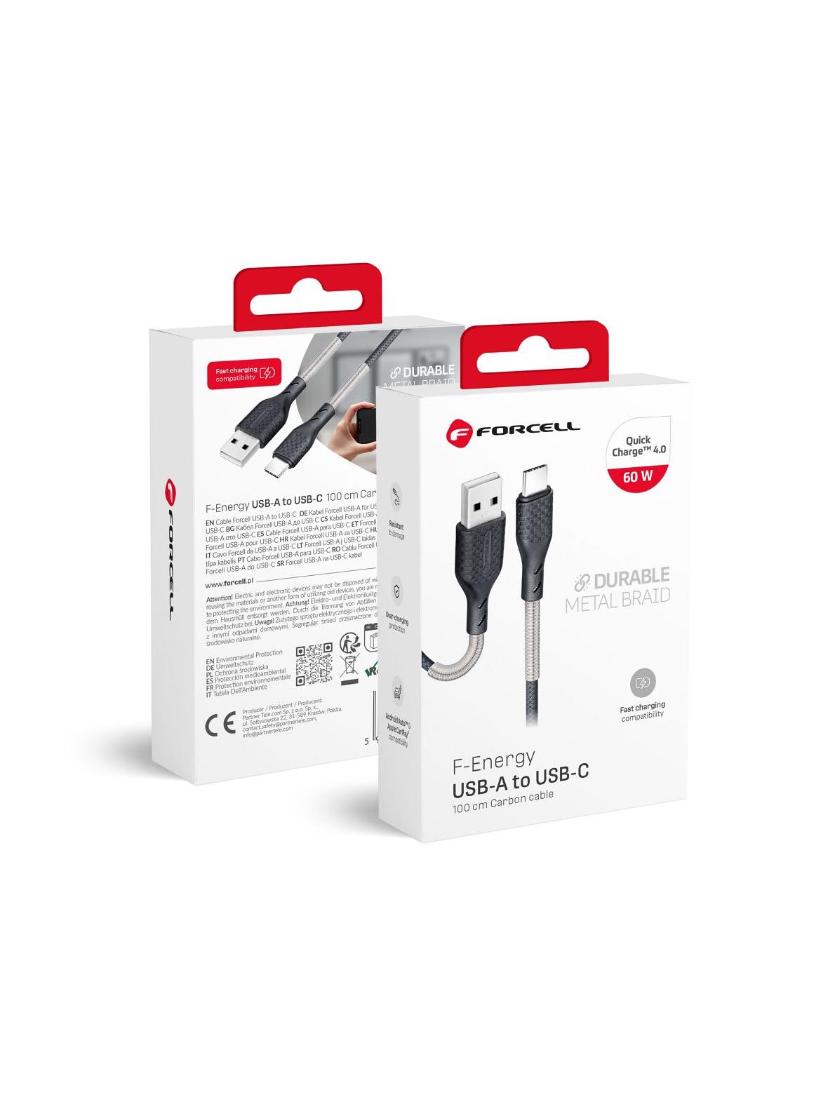 Kabel USB A do USB C Forcell F-Energy QC4.0 5A 60W Carbon 1 m CB-02A czarny