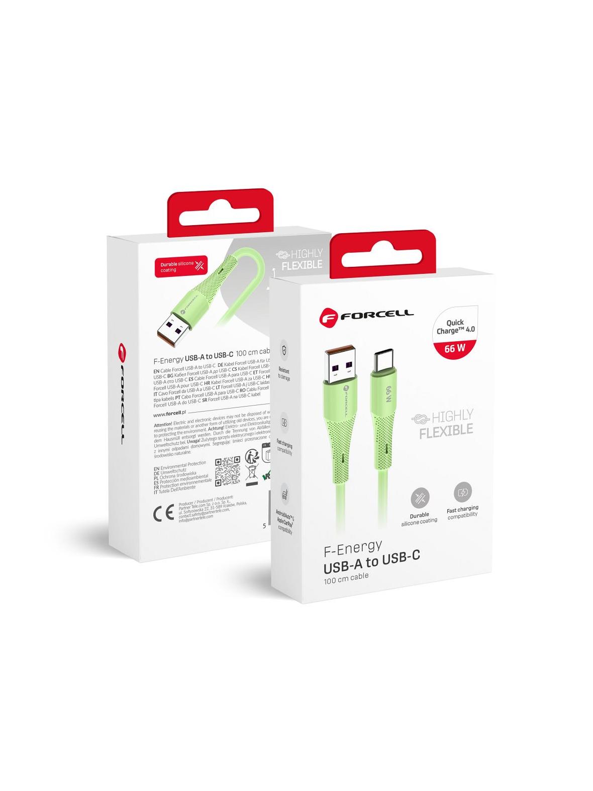 Kabel USB A do USB C Forcell F-Energy QC4.0 3A 66W Silicone 1 m C342 zielony