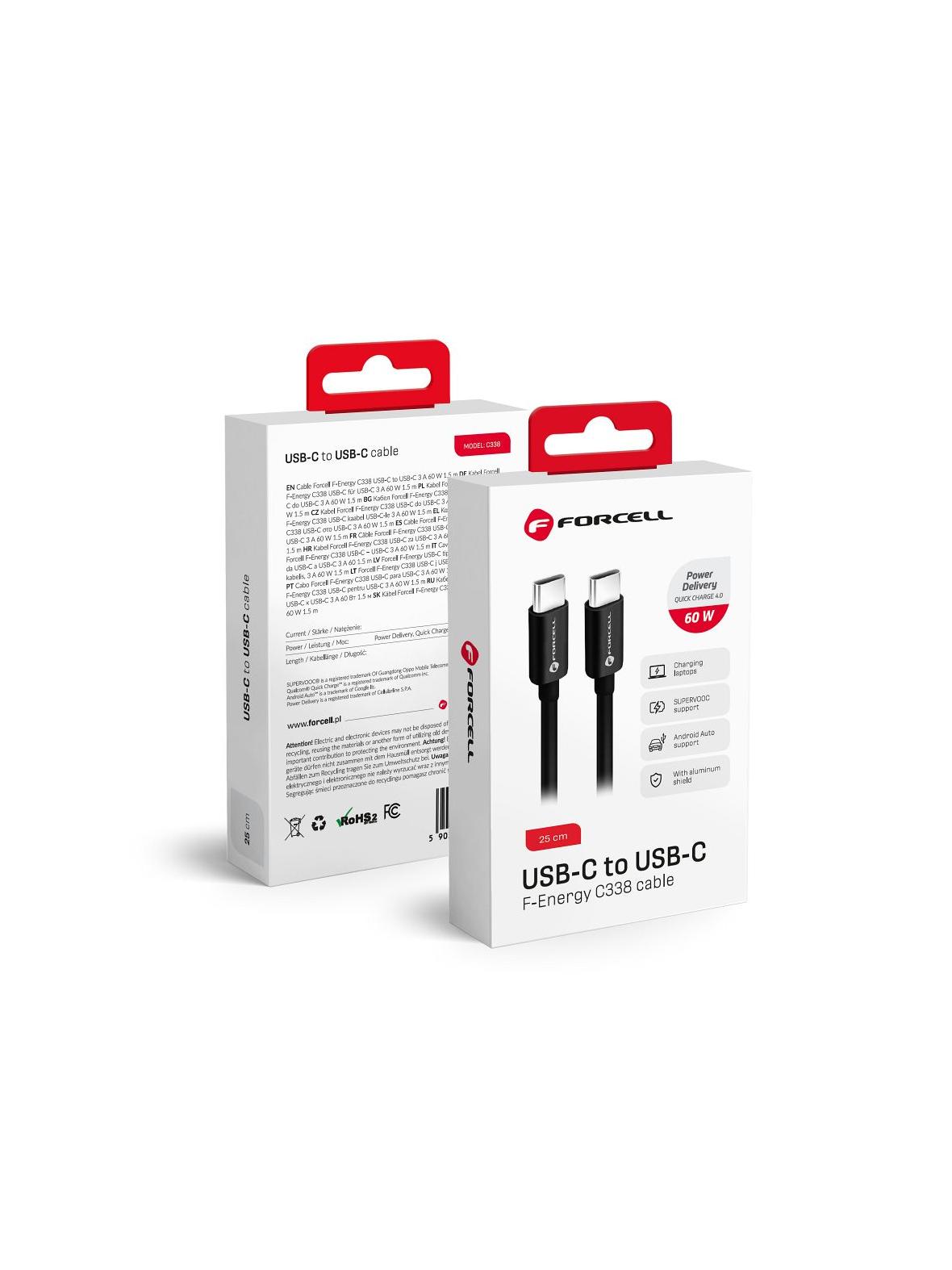 Kabel USB C do USB C Forcell F-Energy QC4.0 PD 3A 60W 0,25 m C338 czarny