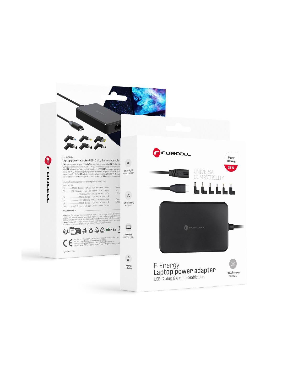 Uniwersalny zasilacz do laptopa 65W Forcell F-Energy USB C + 6 końcówek E856 czarny
