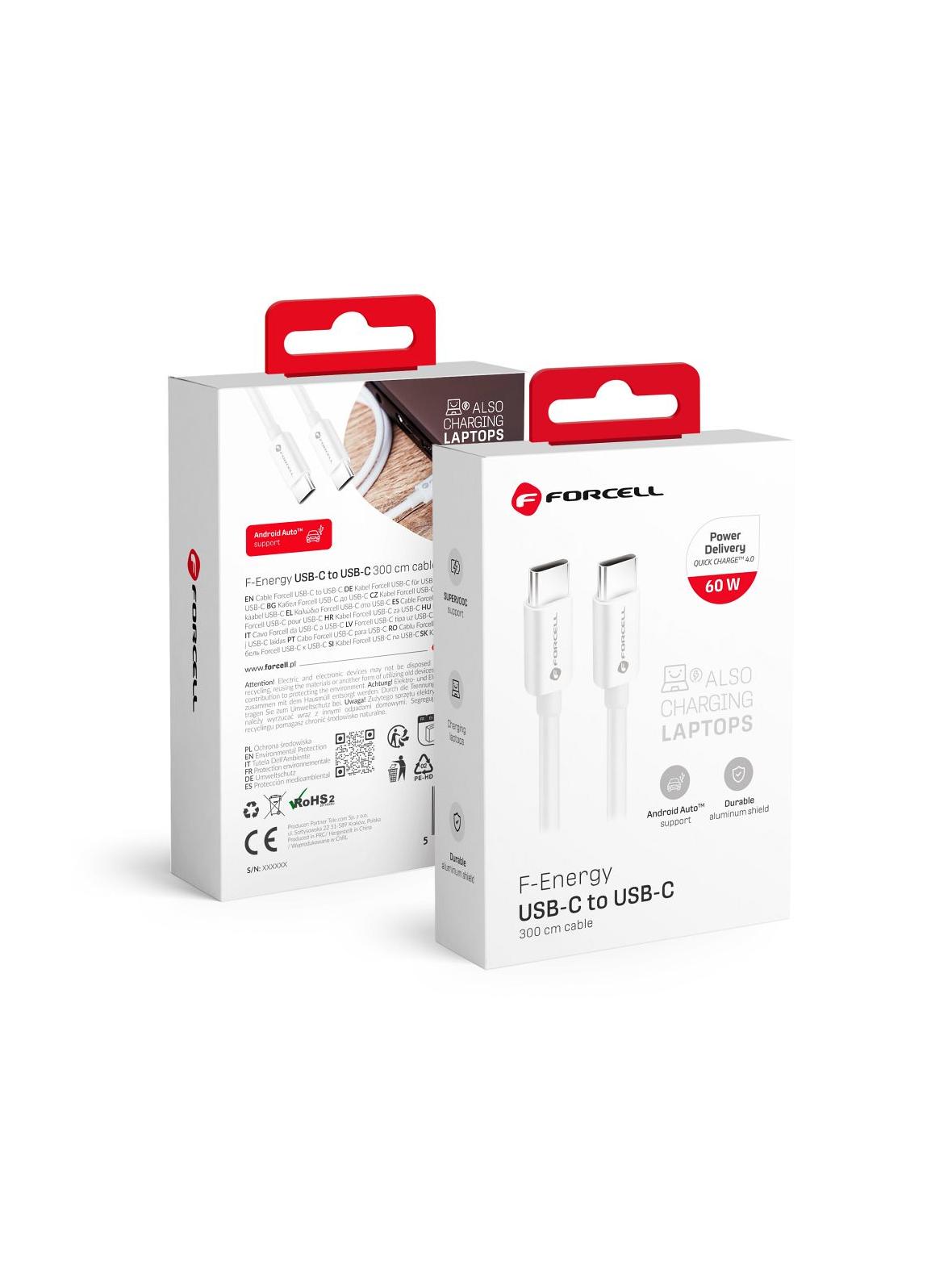 Kabel USB C do USB C Forcell F-Energy QC4.0 PD 3A 60W 3 m C338 biały