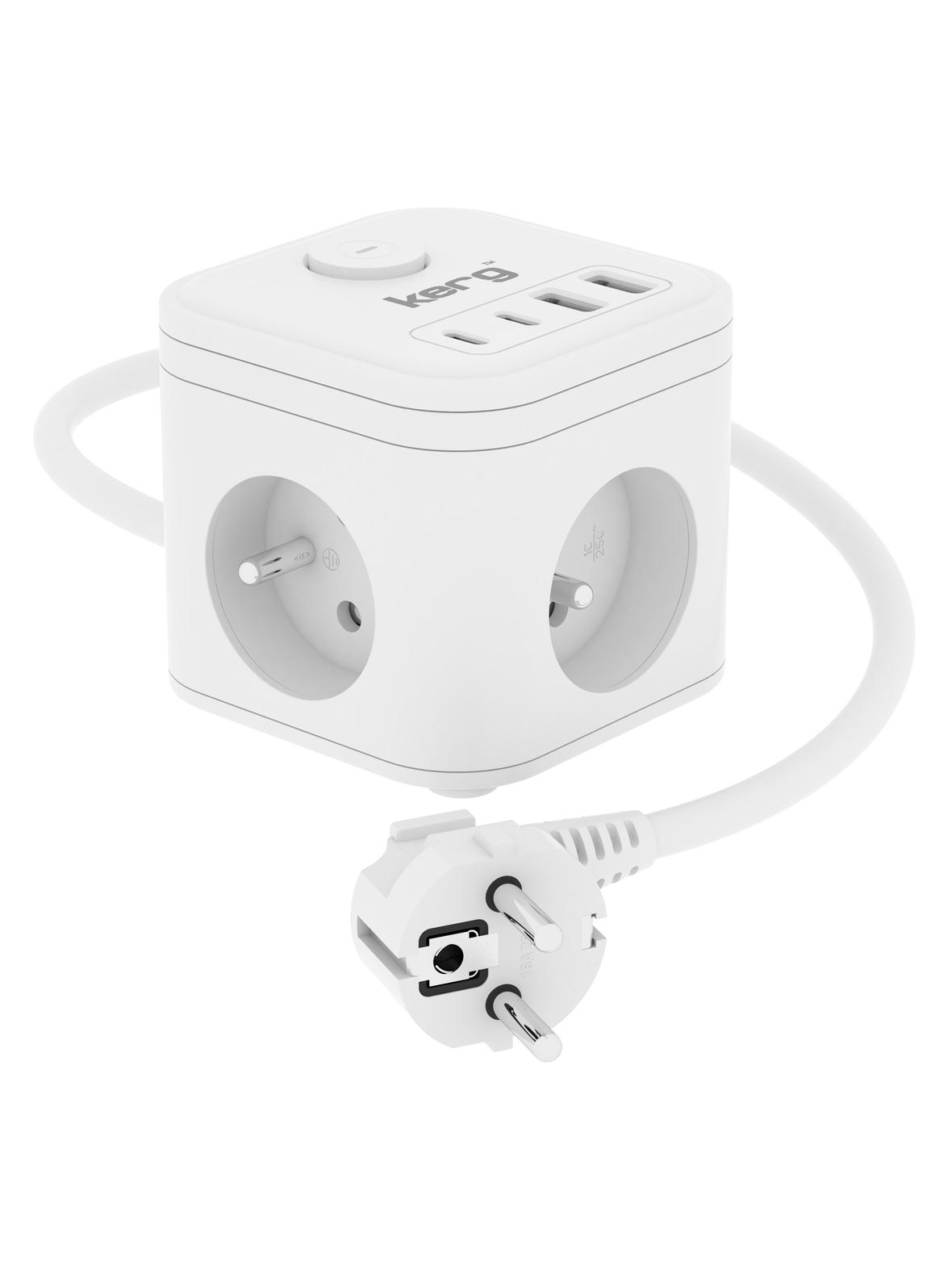 KERG Kostka zasilająca 3-gniazdowa + ładowarka USB-A+USB-C 1,5m 3×1,5mm2 H05VV-F 16A/250V~ Smart biała