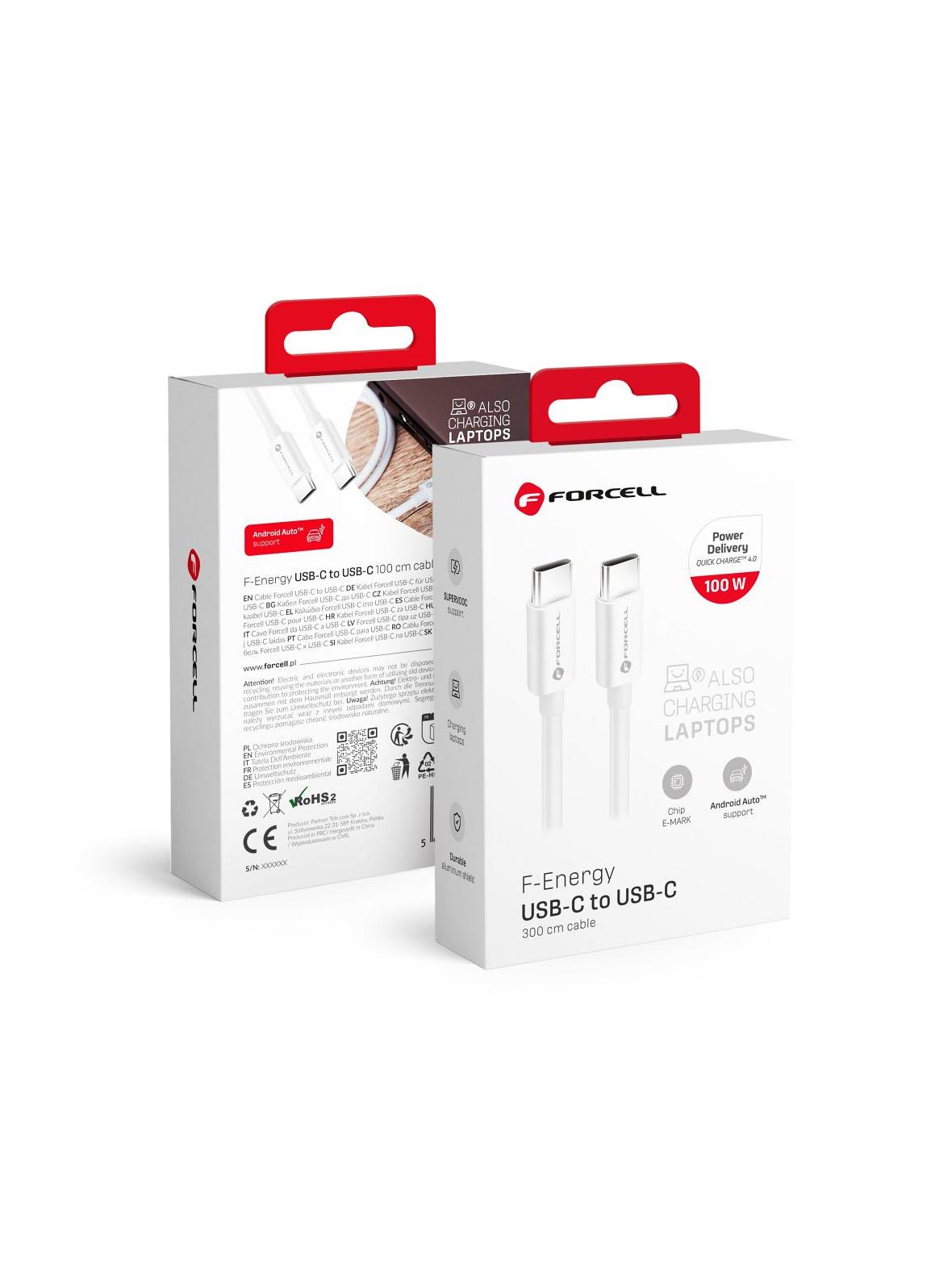 Kabel USB C do USB C Forcell F-Energy QC4.0 PD 5A 100W 3 m C339 biały