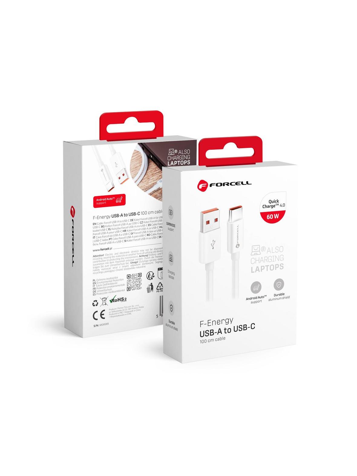 Kabel USB A do USB C Forcell F-Energy QC4.0 3A 66W 1 m C336 biały