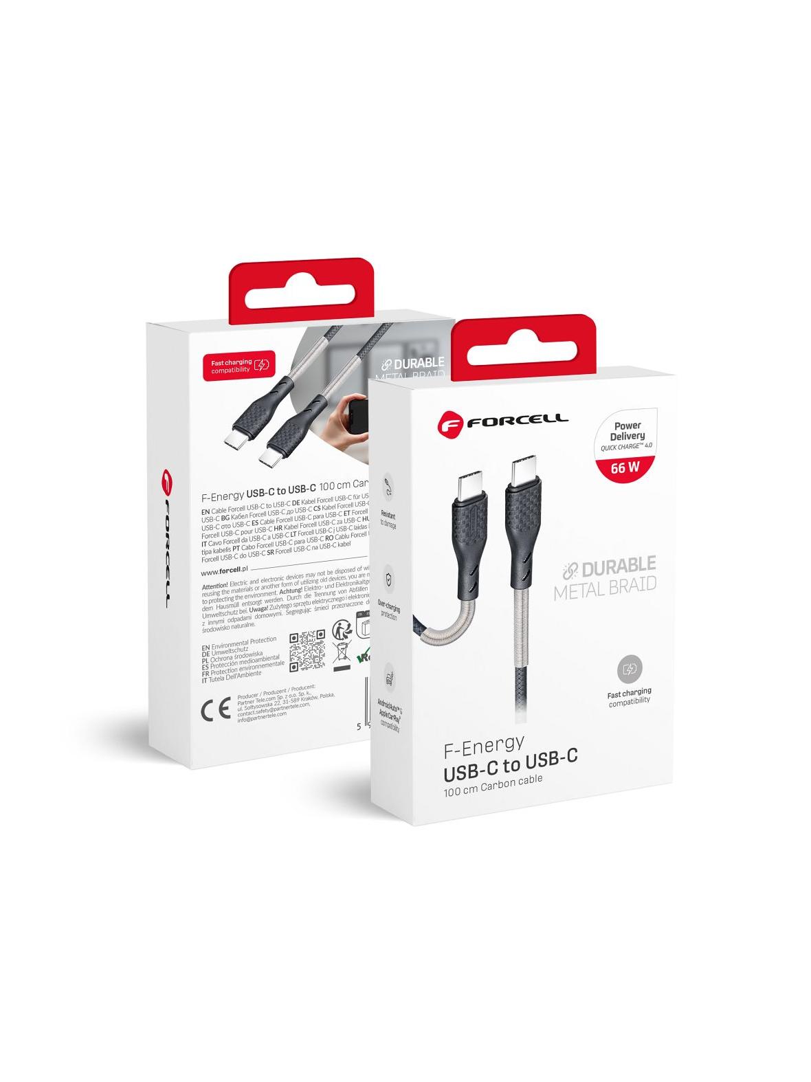 Kabel USB C do USB C Forcell F-Energy QC4.0 PD 5A 66W Carbon 1 m CB-02C czarny