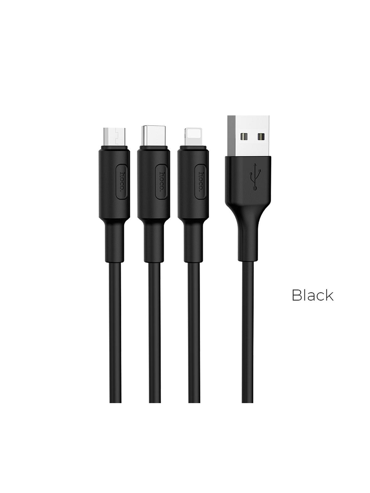 Kabel 3w1 USB A do Lightning / Micro USB / USB C Hoco 2A 1 m X25 czarny
