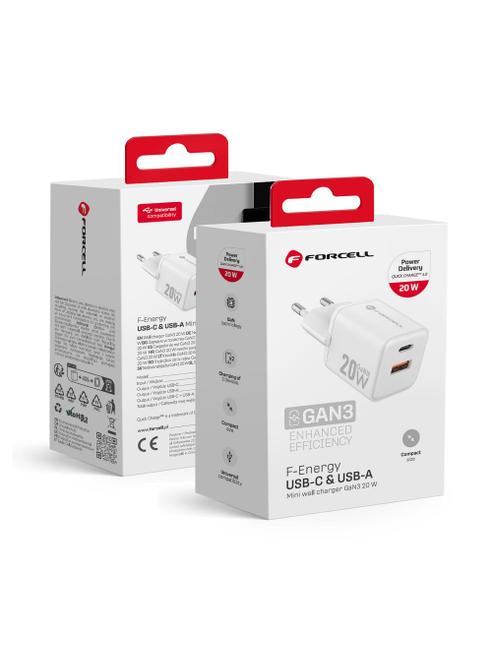 Ładowarka sieciowa do telefonu Forcell F-Energy Mini GaN III USB C + USB A QC4.0 PD 20W VT-35A biała 0INT