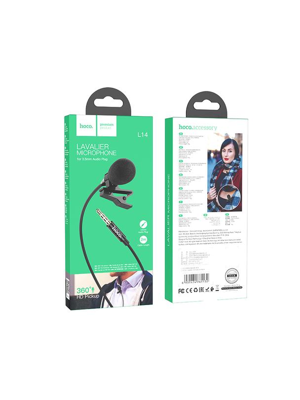 EOL Mikrofon krawatowy przewodowy Jack 3,5mm Hoco 2 m L14 czarny