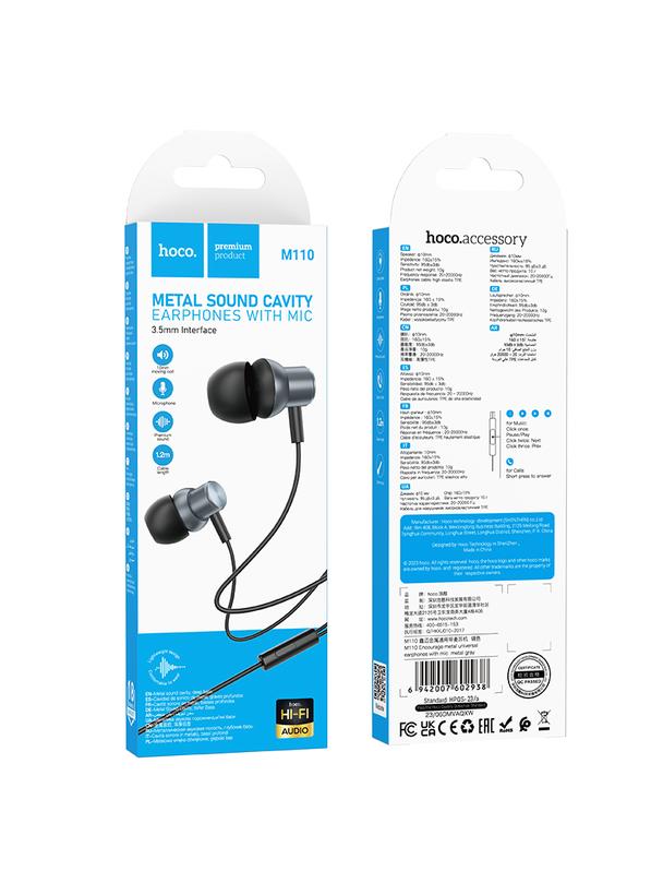 Słuchawki przewodowe douszne Jack 3,5 mm Hoco M110 szare