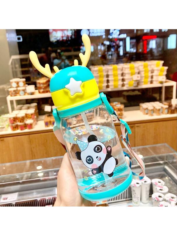 Butelka / bidon na wodę ze słomką i smyczą dla dzieci 500 - 600 ml zielona