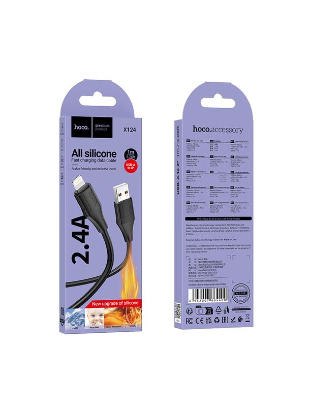 Kabel USB A do Lightning Hoco 2,4A silikonowy 1 m X124 czarny