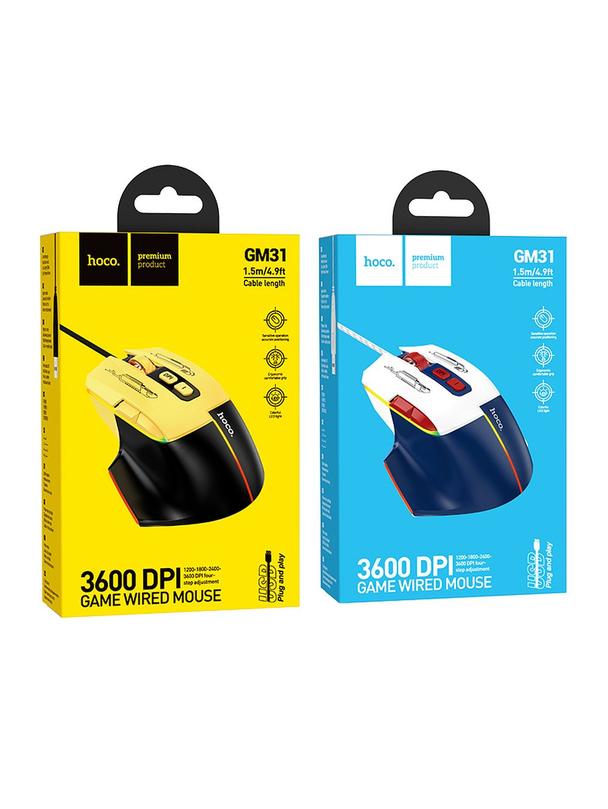 Myszka przewodowa gamingowa Hoco USB A 3600 dpi GM31 biało niebieska