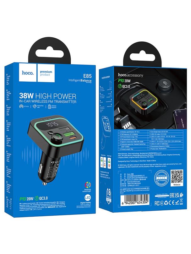 Transmiter samochodowy bluetooth Hoco QC3.0 PD 20W E85 czarny