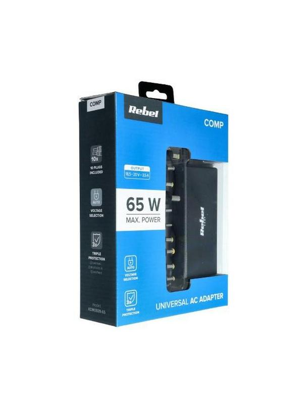 REBEL uniwersalny zasilacz sieciowy 65W 18-20V automatyczny 10 końcówek czarny