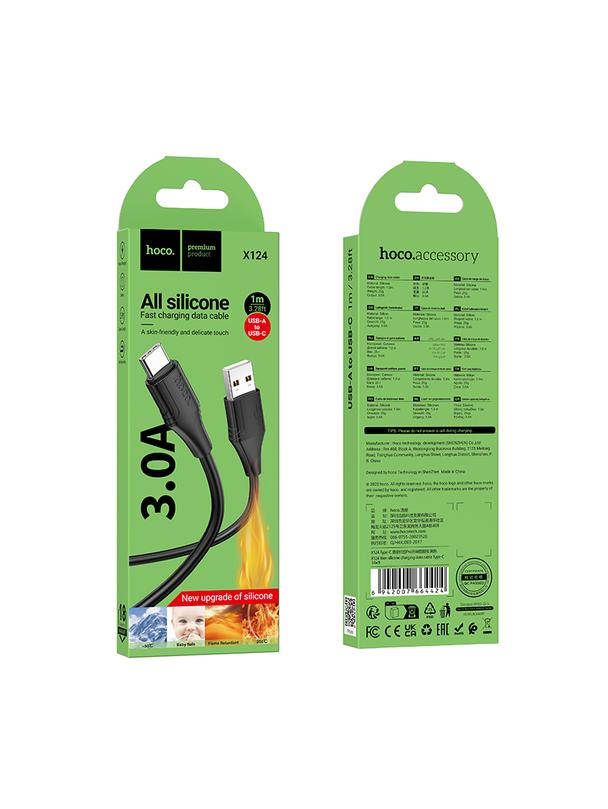 Kabel USB A do USB C Hoco 3A silikonowy 1 m X124 czarny