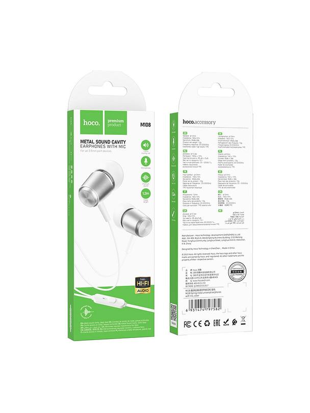 Słuchawki przewodowe douszne Jack 3,5 mm Hoco M108 srebrne