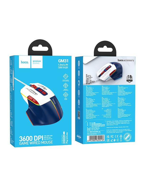 Myszka przewodowa gamingowa Hoco USB A 3600 dpi GM31 biało niebieska