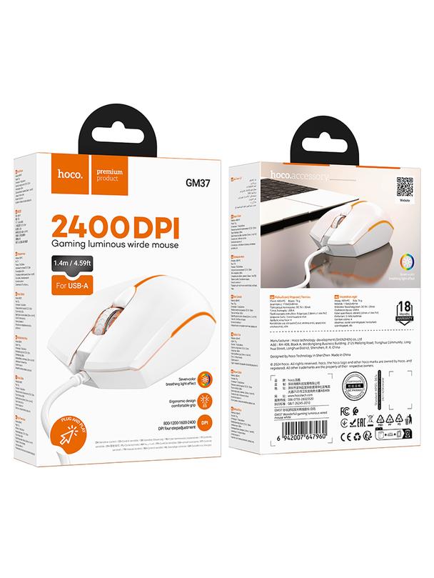 Myszka przewodowa gamingowa Hoco USB A 2400 dpi GM37 biała