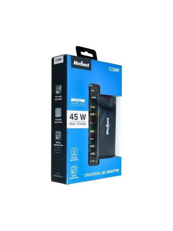 REBEL uniwersalny zasilacz sieciowy 45W 12-19.5V automatyczny 10 końcówek czarny